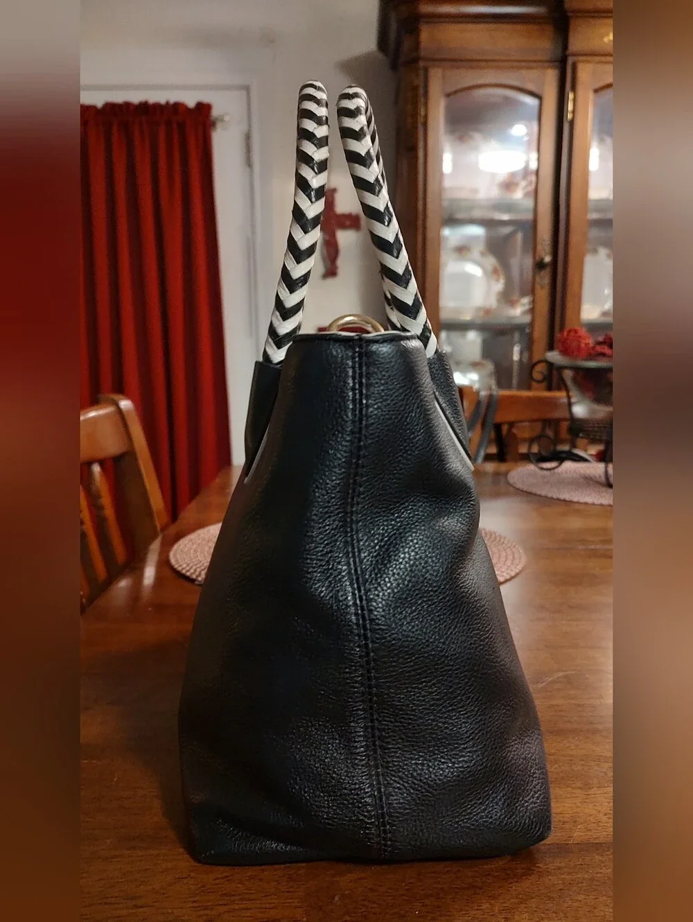 kate spade Black Leather Tote with Black-and-White Striped Handles